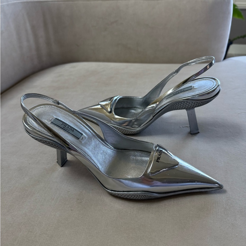 Prada Metallic Silver Pointed Heels